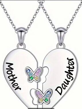 Mother Daughter Silver Heart Split Pendant Necklace with Multicolor Butterflies